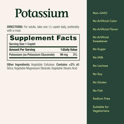 Nature's Bounty Kalium 99 mg – Unterstützt Flüssigkeitshaushalt & Muskelfunktion, Kaliumgluconat Nahrungsergänzungsmittel, Glutenfrei, 1 Tablette täglich, 100 vegane Kapseln