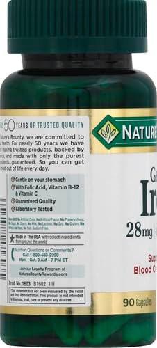 Nature's Bounty Sanftes Eisen 28 mg Kapseln mit Vitamin C, Folsäure, Vitamin B-12 – Eisenpräparat, Nicht-GVO, Glutenfrei, 90 Stück