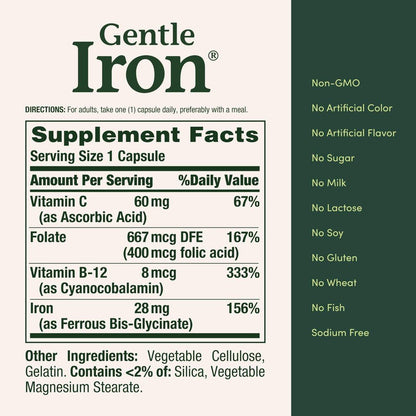 Nature's Bounty Sanftes Eisen 28 mg Kapseln mit Vitamin C, Folsäure, Vitamin B-12 – Eisenpräparat, Nicht-GVO, Glutenfrei, 90 Stück