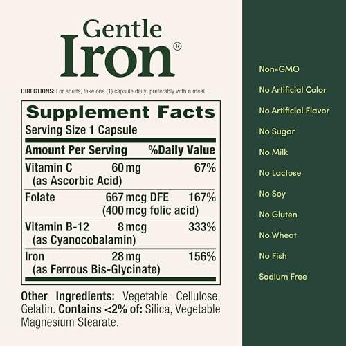 Nature's Bounty Sanftes Eisen 28 mg Kapseln mit Vitamin C, Folsäure, Vitamin B-12 – Eisenpräparat, Nicht-GVO, Glutenfrei, 90 Stück