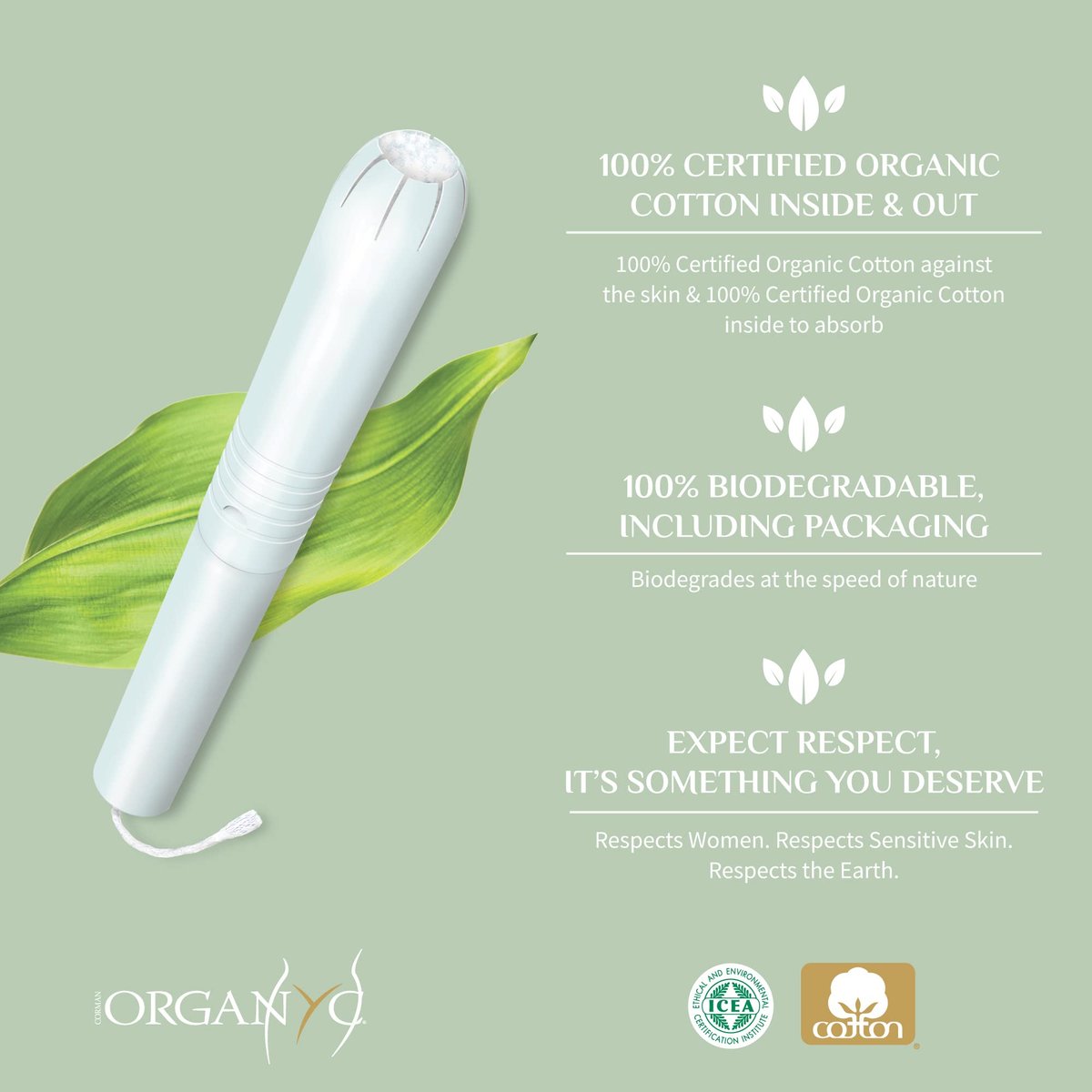 Organyc 100% Bio-Baumwoll-Tampons mit Karton-Applikator, chlorfrei, parfümfrei, ohne Chemikalien, Regular, 16 Stück