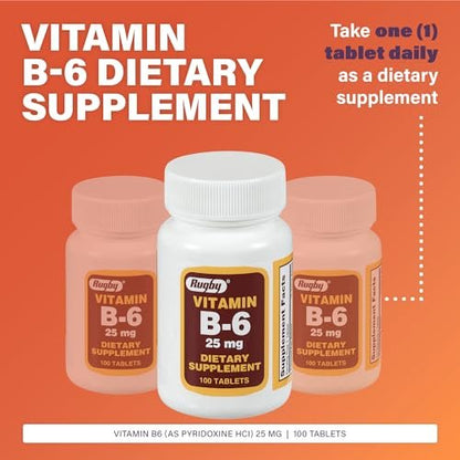 Rugby Vitamin B-6 Tabletten - 25 mg Vitamin B6 - Nahrungsergänzungsmittel - 100 Stück (1 Packung)