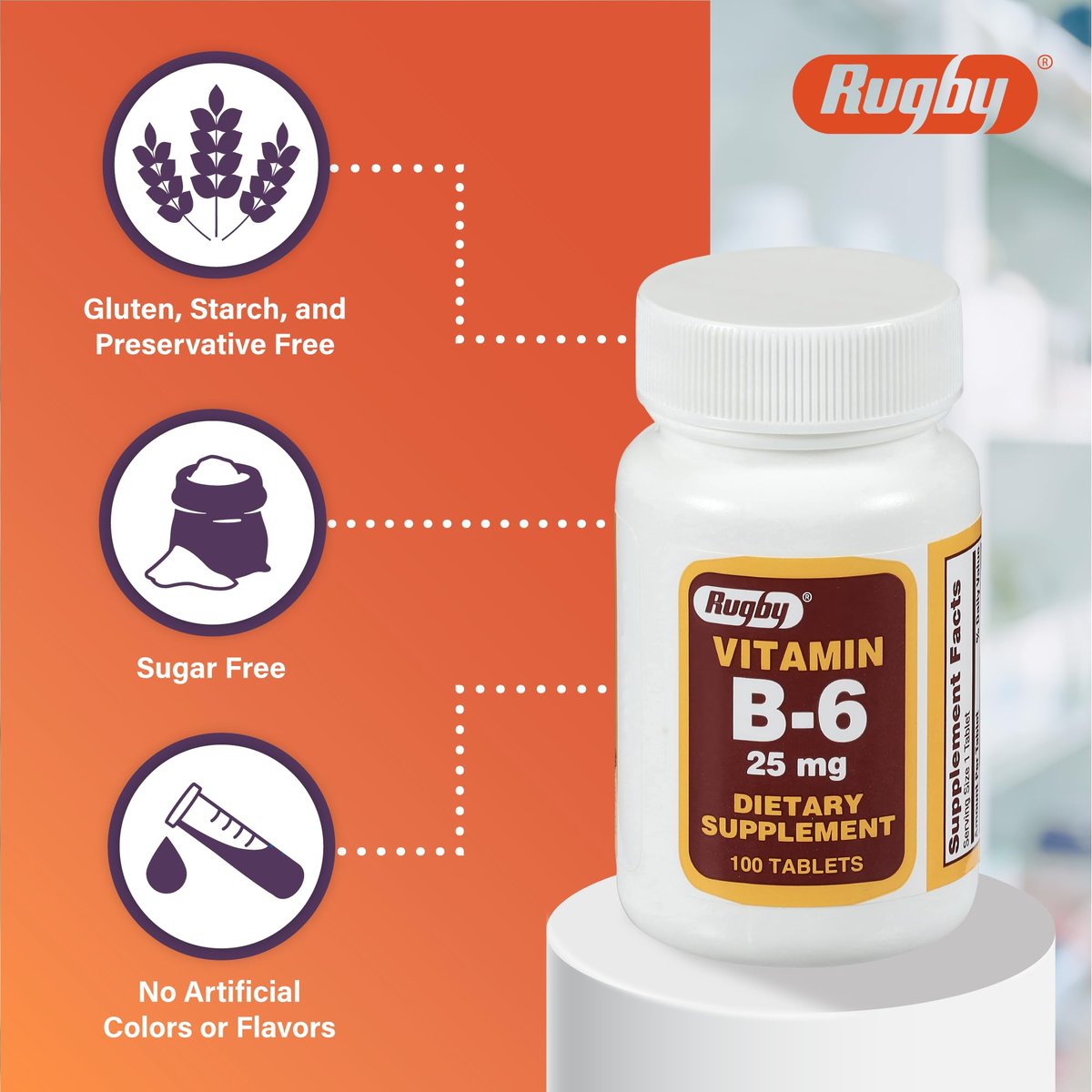 Rugby Vitamin B-6 Tabletten - 25 mg Vitamin B6 - Nahrungsergänzungsmittel - 100 Stück (1 Packung)