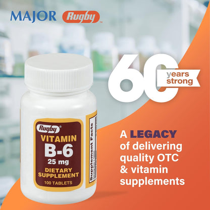 Rugby Vitamin B-6 Tabletten - 25 mg Vitamin B6 - Nahrungsergänzungsmittel - 100 Stück (1 Packung)
