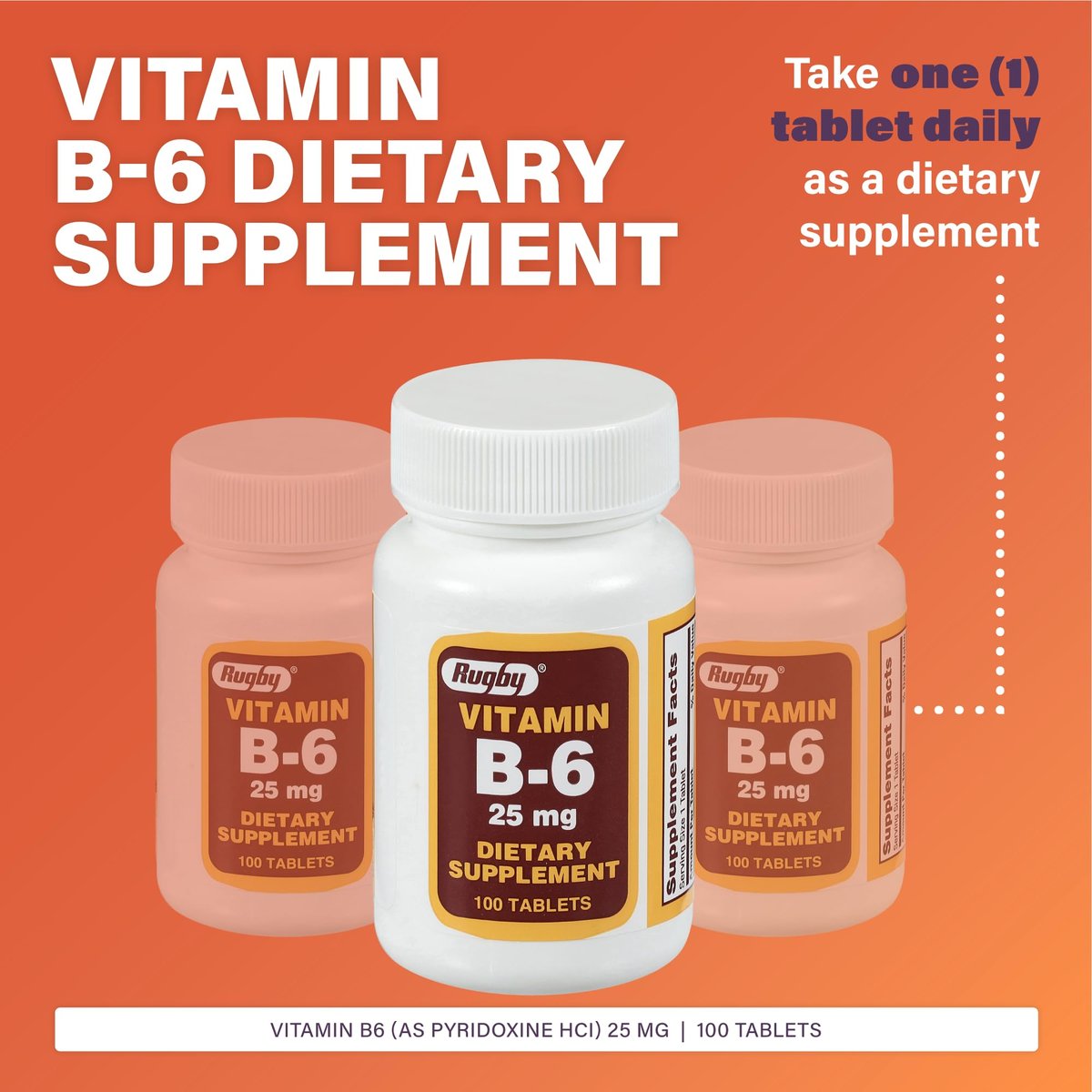 Rugby Vitamin B-6 Tabletten - 25 mg Vitamin B6 - Nahrungsergänzungsmittel - 100 Stück (1 Packung)