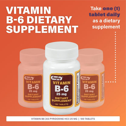 Rugby Vitamin B-6 Tabletten - 25 mg Vitamin B6 - Nahrungsergänzungsmittel - 100 Stück (1 Packung)
