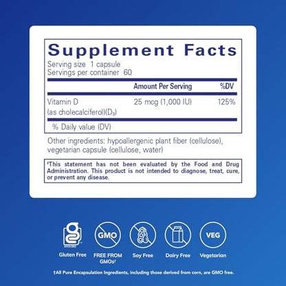 Pure Encapsulations Vitamin D3 25 mcg (1.000 IE) – Nahrungsergänzungsmittel für Knochen-, Gelenk-, Brust-, Herz-, Darm- und Immununterstützung* – mit Premium Vitamin D – 60 Kapseln