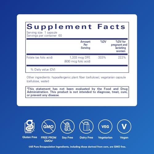 Pure Encapsulations Folsäure | Hypoallergenes Nahrungsergänzungsmittel | 60 Kapseln