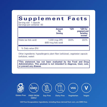 Pure Encapsulations Folsäure | Hypoallergenes Nahrungsergänzungsmittel | 60 Kapseln