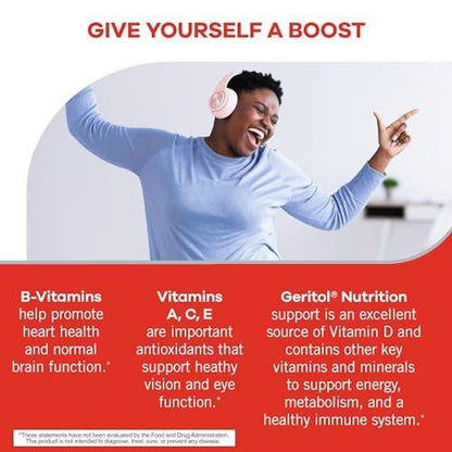 Geritol Multivitamin-Präparat mit B-Vitaminen, Antioxidantien, Vitamin C, E & D und Eisen – 27 essentielle Vitamine und Mineralien, glutenfrei, ohne Gentechnik, ohne künstliche Süßstoffe, 40 Tabletten