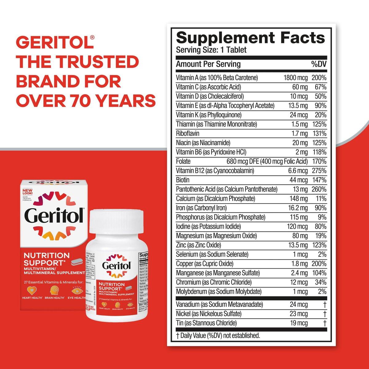 Geritol Multivitamin-Präparat mit B-Vitaminen, Antioxidantien, Vitamin C, E & D und Eisen – 27 essentielle Vitamine und Mineralien, glutenfrei, ohne Gentechnik, ohne künstliche Süßstoffe, 40 Tabletten