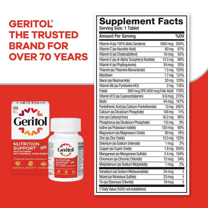 Geritol Multivitamin-Präparat mit B-Vitaminen, Antioxidantien, Vitamin C, E & D und Eisen – 27 essentielle Vitamine und Mineralien, glutenfrei, ohne Gentechnik, ohne künstliche Süßstoffe, 40 Tabletten