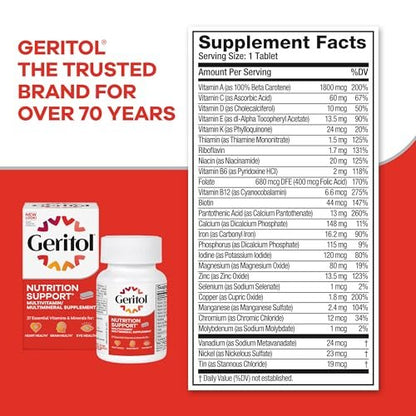 Geritol Multivitamin-Präparat mit B-Vitaminen, Antioxidantien, Vitamin C, E & D und Eisen, 27 essentielle Vitamine und Mineralstoffe, glutenfrei, ohne Gentechnik, ohne künstliche Süßstoffe, 100 Tabletten
