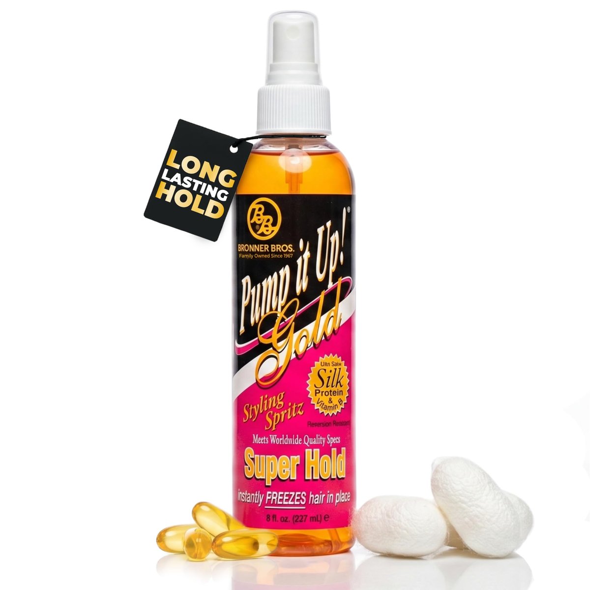 Bronner Bros Pump It Up Gold Styling Spritz – Superstarker Halt für definierte Styles – Schnell trocknendes Haarspray mit Seidenaminosäuren & Vitamin B5, 240 ml