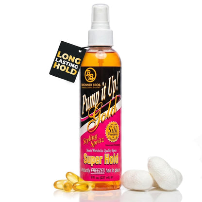 Bronner Bros Pump It Up Gold Styling Spritz – Superstarker Halt für definierte Styles – Schnell trocknendes Haarspray mit Seidenaminosäuren & Vitamin B5, 240 ml