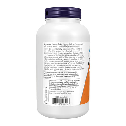 NOW Foods Taurin 1.000 mg, Doppelte Stärke, 250 vegane Kapseln – Unterstützt die Gesundheit des Nervensystems