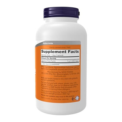 NOW Foods Taurin 1.000 mg, Doppelte Stärke, 250 vegane Kapseln – Unterstützt die Gesundheit des Nervensystems