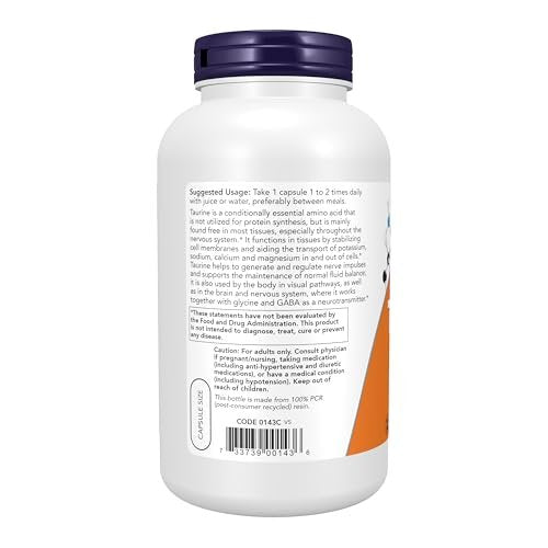 NOW Foods Taurin 1.000 mg, Doppelte Stärke, 250 vegane Kapseln – Unterstützt die Gesundheit des Nervensystems