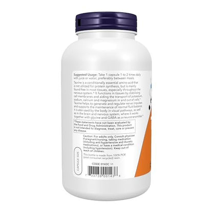 NOW Foods Taurin 1.000 mg, Doppelte Stärke, 250 vegane Kapseln – Unterstützt die Gesundheit des Nervensystems