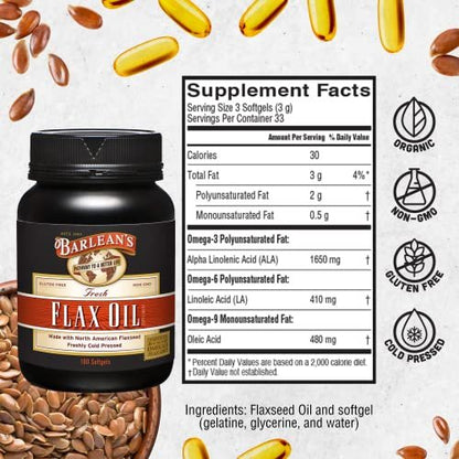 Barlean's Omega 3 6 9 Leinöl Kapseln, kaltgepresst, 1650 mg ALA Fettsäuren, 100 Stück