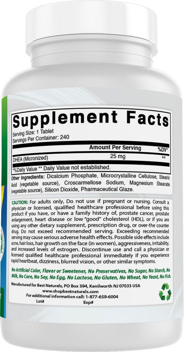 Best Naturals Dhea 25 mg Supplement – 240 Tabletten – Unterstützt ausgeglichene Hormonspiegel für Männer & Frauen – Fördert gesundes Altern – Hergestellt in den USA