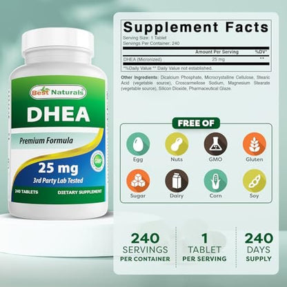 Best Naturals Dhea 25 mg Supplement – 240 Tabletten – Unterstützt ausgeglichene Hormonspiegel für Männer & Frauen – Fördert gesundes Altern – Hergestellt in den USA