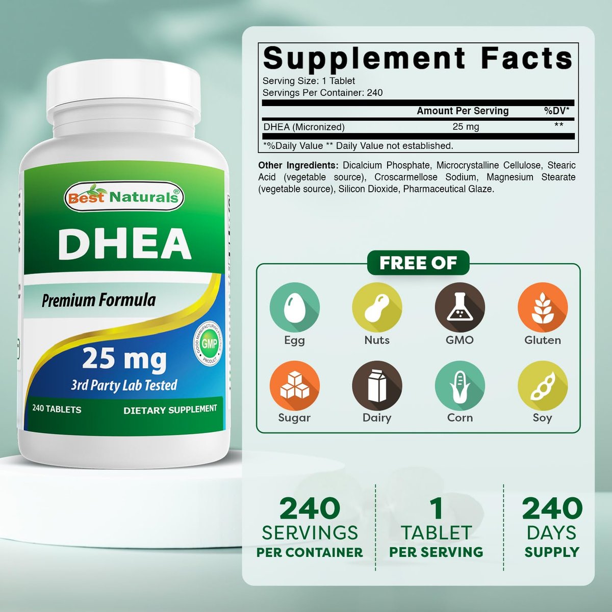 Best Naturals Dhea 25 mg Supplement – 240 Tabletten – Unterstützt ausgeglichene Hormonspiegel für Männer & Frauen – Fördert gesundes Altern – Hergestellt in den USA