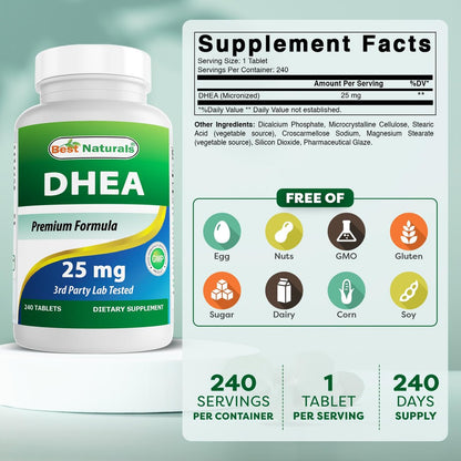 Best Naturals Dhea 25 mg Supplement – 240 Tabletten – Unterstützt ausgeglichene Hormonspiegel für Männer & Frauen – Fördert gesundes Altern – Hergestellt in den USA