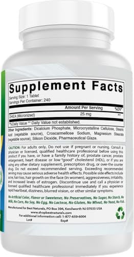 Best Naturals Dhea 25 mg Supplement – 240 Tabletten – Unterstützt ausgeglichene Hormonspiegel für Männer & Frauen – Fördert gesundes Altern – Hergestellt in den USA