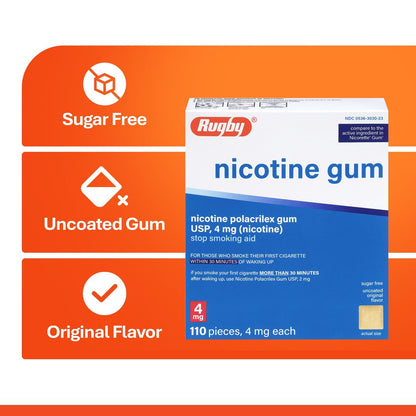 Rugby Polacrilex 4 mg Nikotinkaugummi - Original Geschmack, Raucherentwöhnung & Dampfentwöhnung, Zuckerfrei, 110 Stück (1er-Pack)
