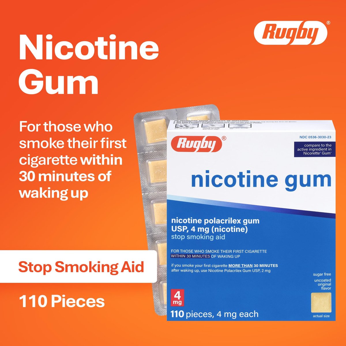 Rugby Polacrilex 4 mg Nikotinkaugummi - Original Geschmack, Raucherentwöhnung & Dampfentwöhnung, Zuckerfrei, 110 Stück (1er-Pack)