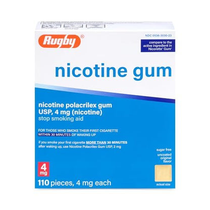 Rugby Polacrilex 4 mg Nikotinkaugummi - Original Geschmack, Raucherentwöhnung & Dampfentwöhnung, Zuckerfrei, 110 Stück (1er-Pack)