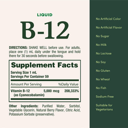 Nature's Bounty Vitamin B12 5000 mcg Sublingual Liquid – Unterstützung für Herz-Kreislauf-Gesundheit und Zellenergie, 2 Fl Oz (1 Packung)