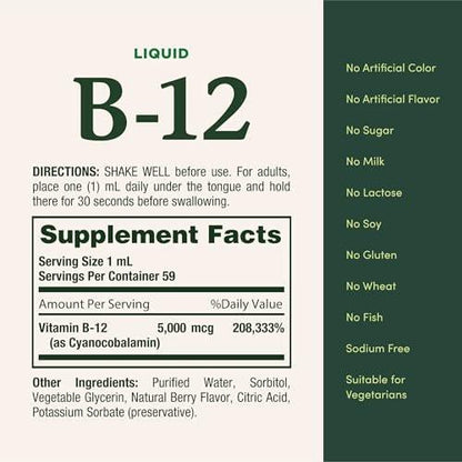 Nature's Bounty Vitamin B12 5000 mcg Sublingual Liquid – Unterstützung für Herz-Kreislauf-Gesundheit und Zellenergie, 2 Fl Oz (1 Packung)