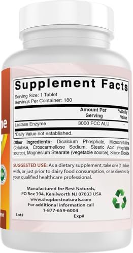 Best Naturals schnell wirkende Lactase-Enzym-Tabletten, 3000 FCC ALU, 180 Stück