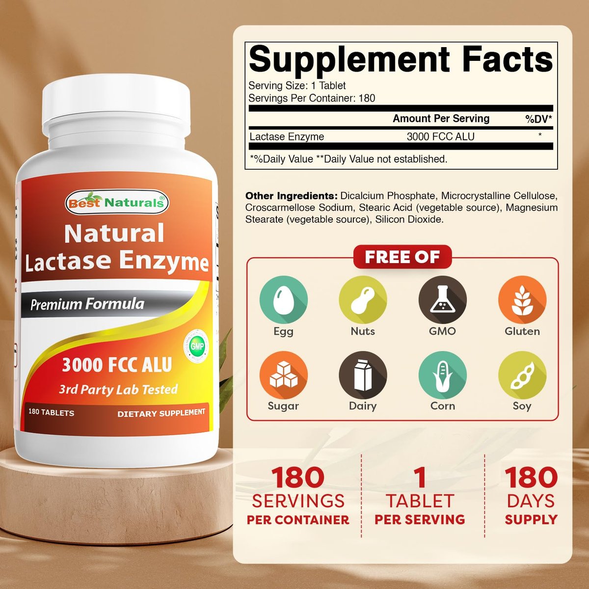 Best Naturals schnell wirkende Lactase-Enzym-Tabletten, 3000 FCC ALU, 180 Stück