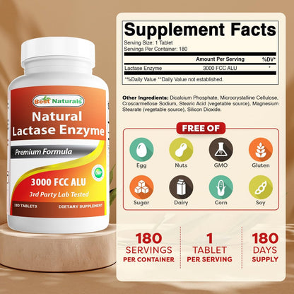 Best Naturals schnell wirkende Lactase-Enzym-Tabletten, 3000 FCC ALU, 180 Stück