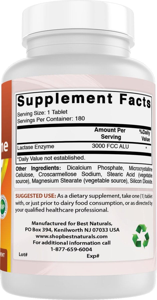 Best Naturals schnell wirkende Lactase-Enzym-Tabletten, 3000 FCC ALU, 180 Stück