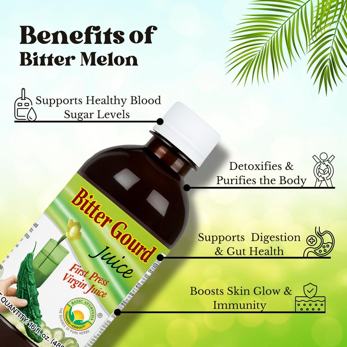 Basic Ayurveda Bittergurken (Karela) Saft | 960 ml | Natürlicher Bittermelonen-Saft zur Entgiftung | Pflanzliches ayurvedisches Kräutergetränk für Lebergesundheit, Verdauung & Immunität