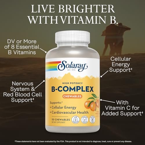 SOLARAY Vitamin B Komplex Orange Kautabletten – Hochwirksame B-Vitamine mit B12, B6, B2, Biotin, Folsäure, Vitamin C – Vegan, Glutenfrei, 50 Portionen