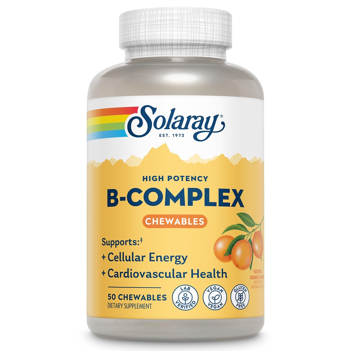 SOLARAY Vitamin B Komplex Orange Kautabletten – Hochwirksame B-Vitamine mit B12, B6, B2, Biotin, Folsäure, Vitamin C – Vegan, Glutenfrei, 50 Portionen