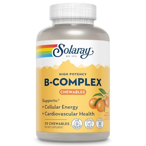 SOLARAY Vitamin B Komplex Orange Kautabletten – Hochwirksame B-Vitamine mit B12, B6, B2, Biotin, Folsäure, Vitamin C – Vegan, Glutenfrei, 50 Portionen
