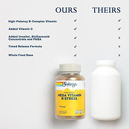SOLARAY Mega Vitamin B-Stress – Zeitfreisetzender Vitamin-B-Komplex mit 1000 mg Vitamin C für Stressabbau, Energie, rote Blutkörperchen & Immununterstützung, 60-Tage-Garantie, vegan, 40 Portionen, 120 VegCaps