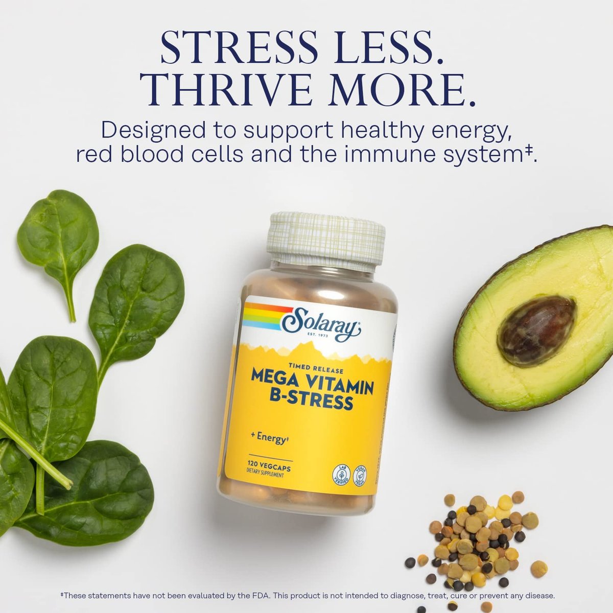 SOLARAY Mega Vitamin B-Stress – Zeitfreisetzender Vitamin-B-Komplex mit 1000 mg Vitamin C für Stressabbau, Energie, rote Blutkörperchen & Immununterstützung, 60-Tage-Garantie, vegan, 40 Portionen, 120 VegCaps
