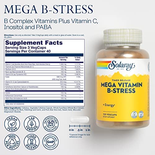 SOLARAY Mega Vitamin B-Stress – Zeitfreisetzender Vitamin-B-Komplex mit 1000 mg Vitamin C für Stressabbau, Energie, rote Blutkörperchen & Immununterstützung, 60-Tage-Garantie, vegan, 40 Portionen, 120 VegCaps