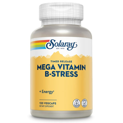 SOLARAY Mega Vitamin B-Stress – Zeitfreisetzender Vitamin-B-Komplex mit 1000 mg Vitamin C für Stressabbau, Energie, rote Blutkörperchen & Immununterstützung, 60-Tage-Garantie, vegan, 40 Portionen, 120 VegCaps