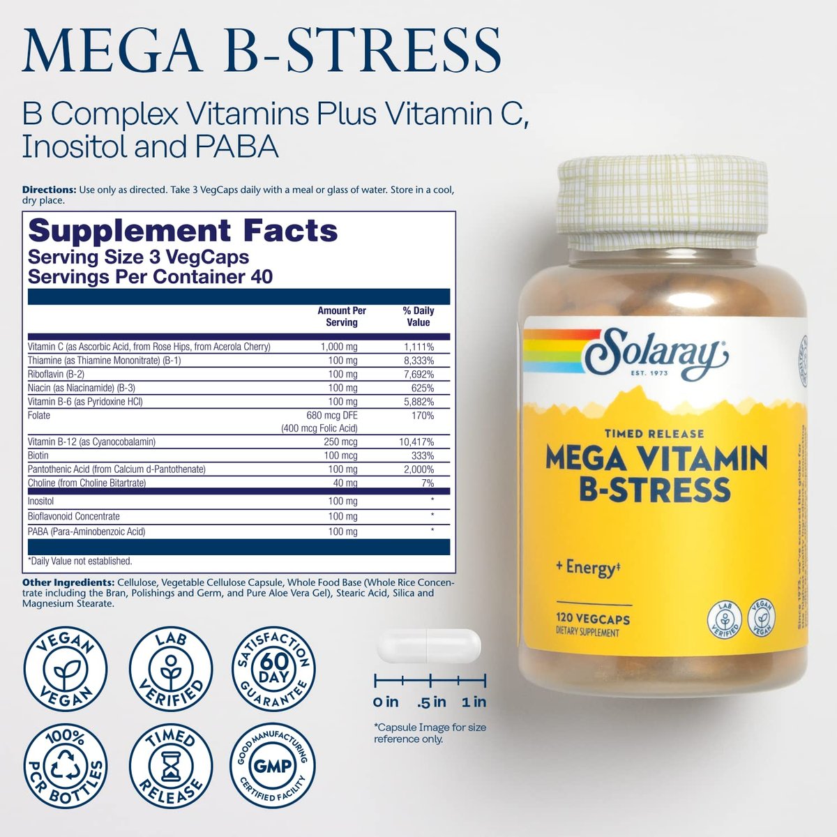 SOLARAY Mega Vitamin B-Stress – Zeitfreisetzender Vitamin-B-Komplex mit 1000 mg Vitamin C für Stressabbau, Energie, rote Blutkörperchen & Immununterstützung, 60-Tage-Garantie, vegan, 40 Portionen, 120 VegCaps