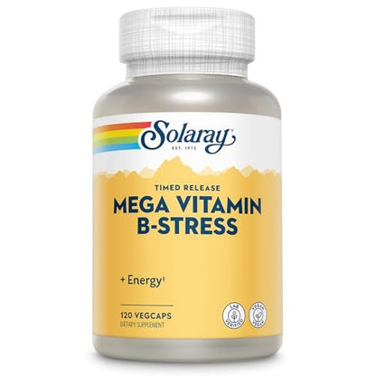 SOLARAY Mega Vitamin B-Stress – Zeitfreisetzender Vitamin-B-Komplex mit 1000 mg Vitamin C für Stressabbau, Energie, rote Blutkörperchen & Immununterstützung, 60-Tage-Garantie, vegan, 40 Portionen, 120 VegCaps