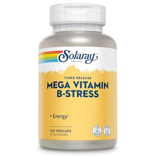 SOLARAY Mega Vitamin B-Stress – Zeitfreisetzender Vitamin-B-Komplex mit 1000 mg Vitamin C für Stressabbau, Energie, rote Blutkörperchen & Immununterstützung, 60-Tage-Garantie, vegan, 40 Portionen, 120 VegCaps