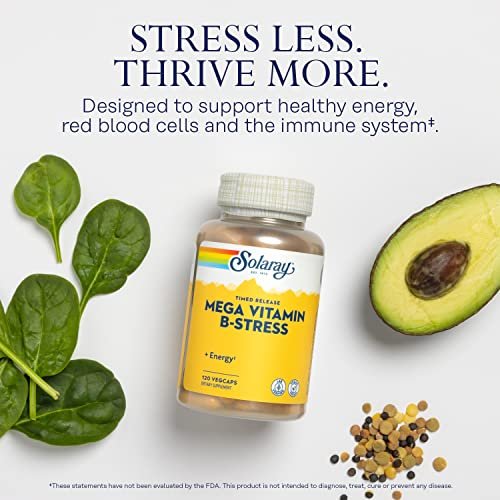 SOLARAY Mega Vitamin B-Stress – Zeitfreisetzender Vitamin-B-Komplex mit 1000 mg Vitamin C für Stressabbau, Energie, rote Blutkörperchen & Immununterstützung, 60-Tage-Garantie, vegan, 40 Portionen, 120 VegCaps